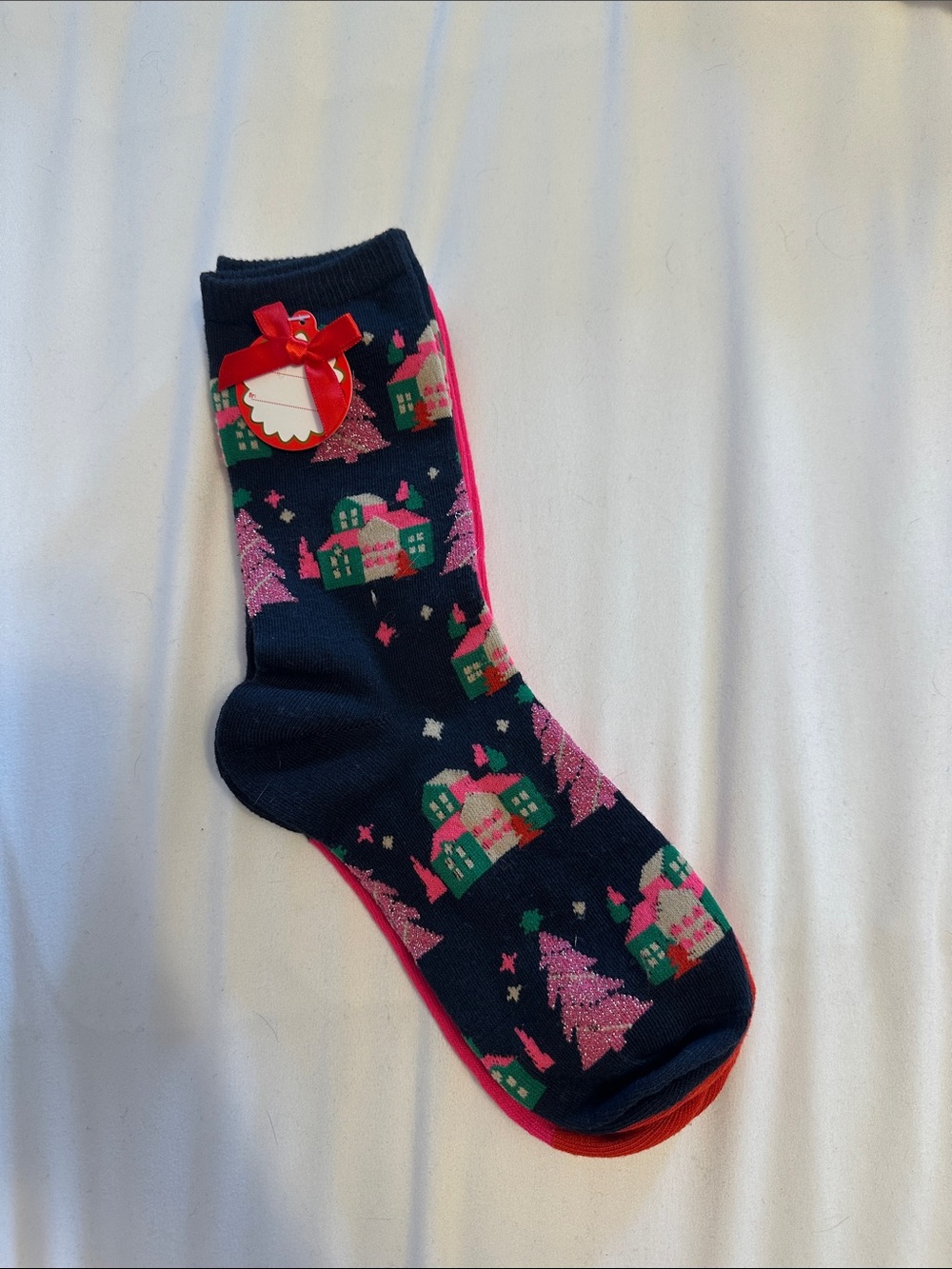 Holiday Village Crew Socks - Navy with Pink & Green
